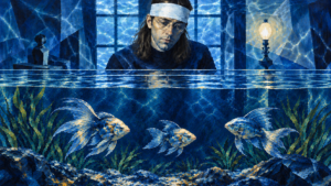 Stylized blue painting of a man in a headband looking down at an aquarium where fish swim, as if he were underwater