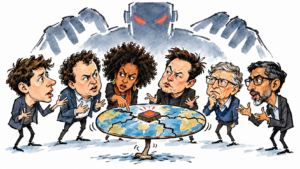 Watercolor caricature of six tech executives arguing around a cracked globe table with a glowing chip, a giant robot looming behind them