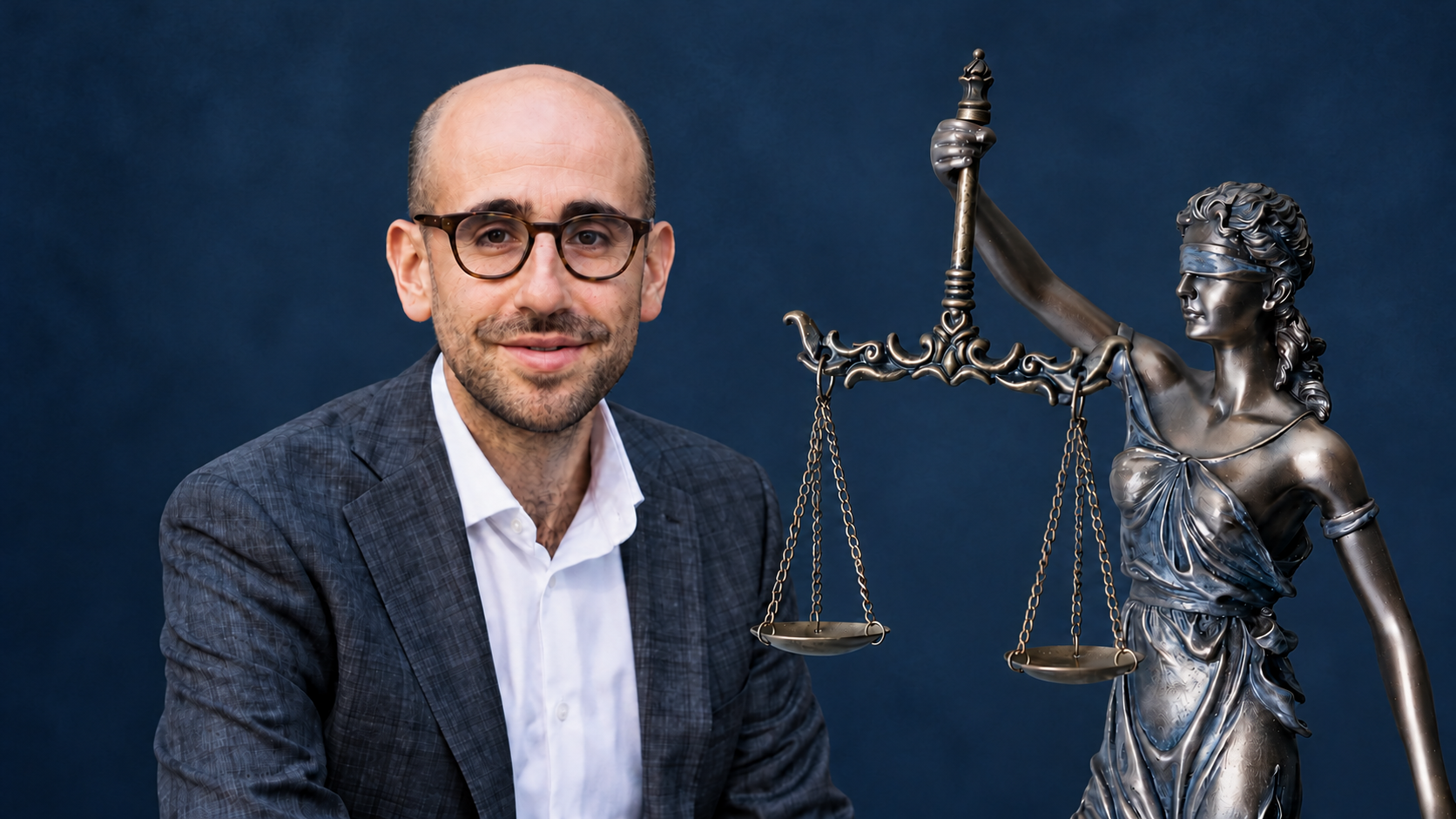 Jacob Abolafia in glasses and a blazer beside a bronze statue of blindfolded Lady Justice holding scales, against a dark blue background